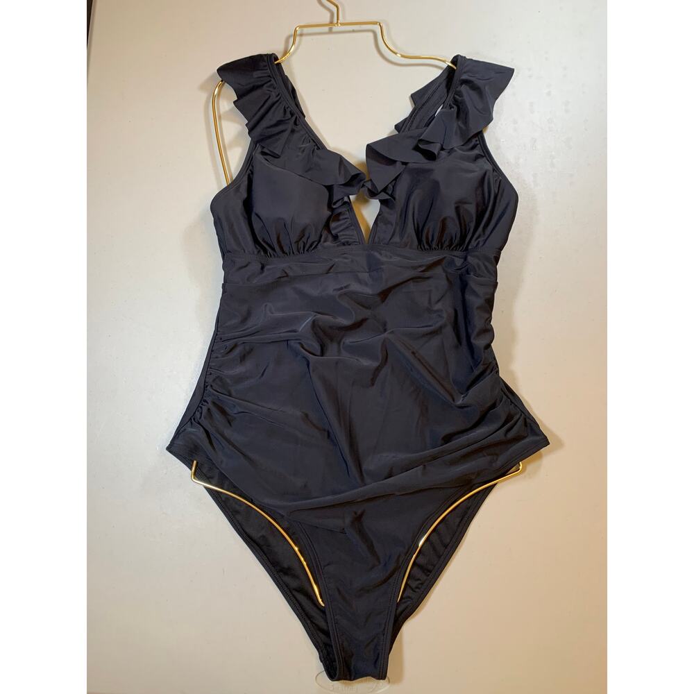 NWT Cupshe Ruffle Shoulder Black One Piece Swimsuit with Ruched Sides Size XL